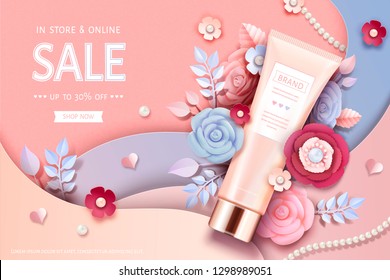 Cosmetic tube ads with beautiful paper flowers in peach pink
