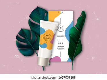 Cosmetic Tube Ads With Flyer And Palm Leaves. Tropical Vector Design Concept. 3D Modern Illustration.