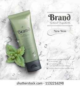 Cosmetic tube ads with murky green package and mints element on marble stone table in 3d illustration