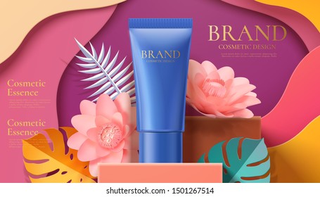 Cosmetic tube ads on square podium paper art tropical leaves and flowers in 3d illustration