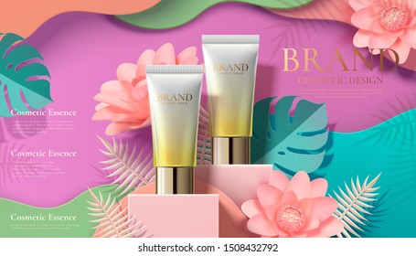 Cosmetic tube ads on square podium with colorful paper art flowers in 3d illustration