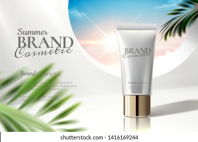 Cosmetic tube ads on white clear background with palm leaves in 3d illustration