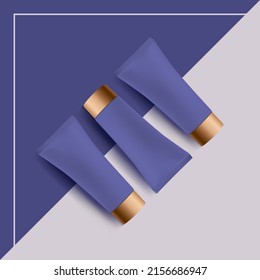 Cosmetic tube ads in trendy violet color with golden cap. Template container, mock up for advertising on phone magazine in realistic style. Skincare cream for facial or hand care. Vector illustration