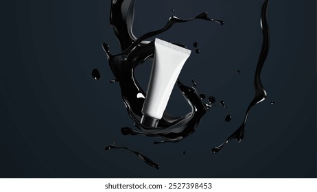 Cosmetic tube with black liquid splash on dark background, luxury skincare product packaging concept. Elegant design for premium creams, lotions, or beauty products. 3d vector illustration