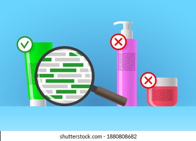 Cosmetic tube, bottle and jar, review of ingredients of cosmetic product using magnifier. Green blocks are indicating natural eco-friendly ingredients. Approved and rejected beauty or care products