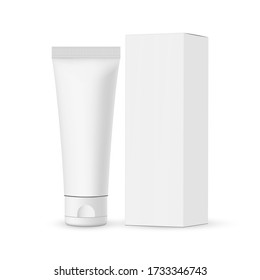 Cosmetic Tube With Box Mockup Isolated On White Background. Vector Illustration