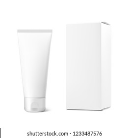 Cosmetic tube with box set. Can be used for cosmetic, medical, gels, creams, shampoo and pastes. Vector illustration isolated on white background. Taking your 2D designs into 3D. EPS10.