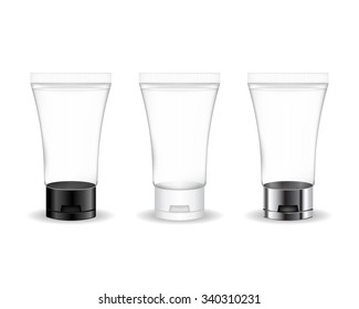 Cosmetic tube for cream, gel, liquid, foam. Beauty product package (transparent). Vector illustration.