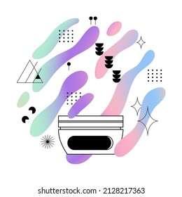 Cosmetic tube for cream, lotion, mask, scrub and skincare product. Packaging on the background of holographic splashes with geometric shapes. Vector flat illustration.