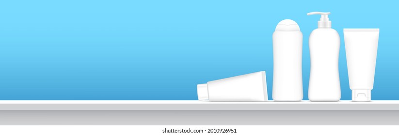 cosmetic tube, empty bottle packaging on table plank top for banner design, mockup packaging tube plastic lotion bottle and cream , vector, 3d illustration