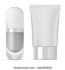 Cosmetic Tube and Foundation Bottle. White Plastic Package for Beauty Lotion, Scrub, Gel. Glossy Lid Container Template. 3d Base BB Product. Corrective Concealer in Matt Glass Bottle