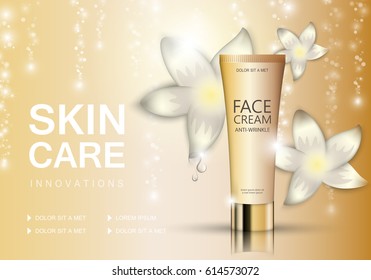 Cosmetic tube isolated on shiny backdrop,vector illustration.Premium ads.Closeup color package template object and toner.Realistic 3D for web site and poster, graphic design. Health benefits drip
