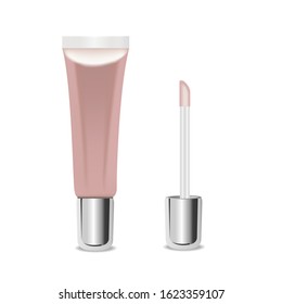 Cosmetic tube of liquid eyeshadow or lip gloss, pink color. Vector