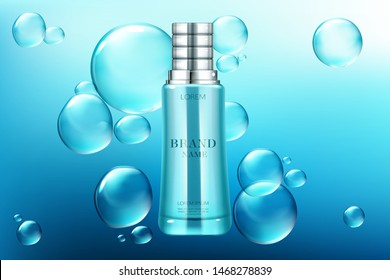 Cosmetic tube mock up, beauty cosmetics sprayer bottle with silver fluted cap on blue background with flying soap or air bubbles, spheres. Lotion, serum packing design Realistic 3d vector illustration