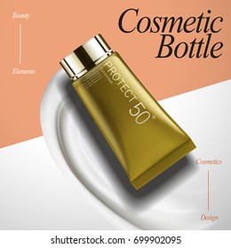 Cosmetic tube mockup design, sunscreen tube container with cream texture in 3d illustration, geometric background