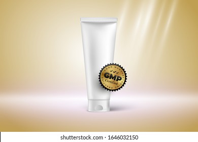Cosmetic tube mockup with GMP Good manufacturing practice sign, badge, label. realistic 3d cosmetic container isolated on light yellow backogrund