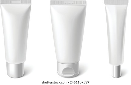 Cosmetic tube mockup for skincare cream or toothpaste. Realistic 3d vector illustration set of white blank container template for branding and promotion. Makeup and cleansing product packaging.