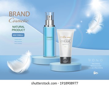 Cosmetic tube with moisturizing cream on vector blue shining background. Premium templates for ads, realistic translucent bottle and white tube and feather. - Shutterstock ID 1918908977