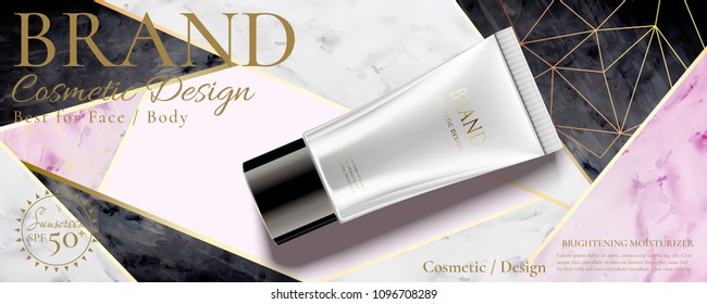 Cosmetic tube on marble stone geometry background in 3d illustration, top view