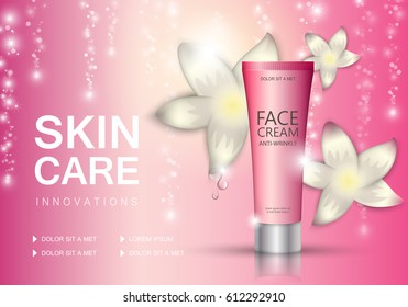 Cosmetic tube on pink shiny backdrop.Premium ads.Color package template and toner.Realistic 3D for web site,poster,placard,cover and flyer.Also useful for advertising on social network