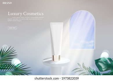 Cosmetic tube on white stand with light coming in through a window and tropical plants, 3d illustration