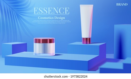 Cosmetic Tube With Pink Light And Shadow Leaf On Blue Square Podium Background