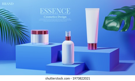 Cosmetic tube with pink light and tropical leaf on blue square podium background