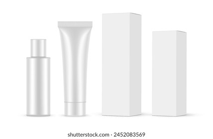 Cosmetic Tube And Plastic Bottle With Packaging Boxes, Isolated On White Background. Vector Illustration