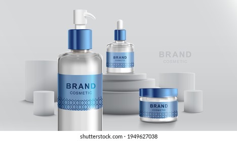 Cosmetic tube and realistic bottle at stage pedestal. Branding and packaging design template. vector illustration