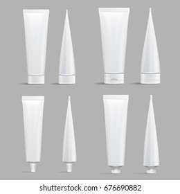 Cosmetic Tube Set. Vector Mock Up. Cosmetic, Cream, Shampoo, Tooth Paste, Glue White Plastic Tubes Set Packaging Realistic Illustration. Isolated 