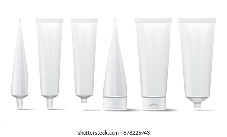 Cosmetic Tube Set. Vector Mock Up. Cosmetic, Cream, Tooth Paste, Glue White Plastic Tubes Open And Closed Set Packaging Realistic Illustration. Isolated 