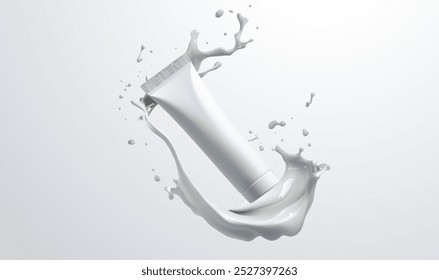 Cosmetic tube with splashing white liquid, skincare product packaging design. Clean and minimal beauty concept for creams, lotions, or moisturizers. 3D vector illustration