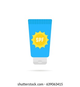 cosmetic tube of sunscreen with sun protection factor or spf. concept of after-sun-lotion or suncream for defense kid or woman skin. flat style logo graphic design isolated on white