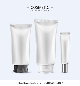 Cosmetic tube template design, 3D illustration container collection in white, objects isolated on light blue background