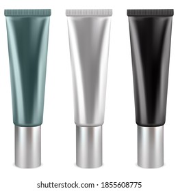 Cosmetic tube. Vector crem tubes in white, black, green color. Plastic gel package silver cap. Face skin care lotion container template. Realistic beauty makeup product. Hand ointment glossy packaging