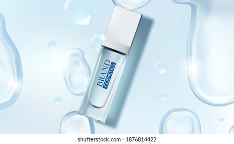 cosmetic tubes banner ads. Lotion, cosmetic product bottles with waterdrop effect design. Realistic 3d vector illustration