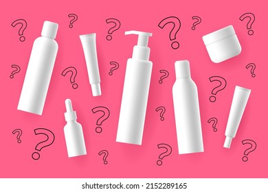 Cosmetic tubes, bottles, jars, and question marks over colored background. Problem of choosing beauty or dermatological products for skin care or treatment