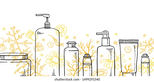 Cosmetic tubes and cans, chamomile flowers and leaves in a row on the bottom of the page. Hand drawn sketch vector illustration. Yellow and black on white background