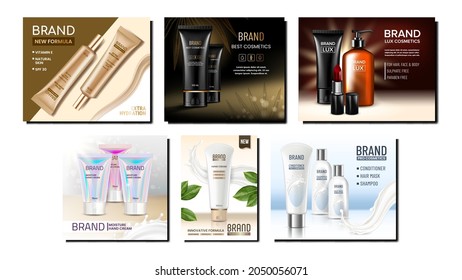 Cosmetic Tubes Creative Promo Posters Set Vector. Cream Cosmetic Tubes And Blank Packages, Lotion Bottle With Pump And Lipstick On Advertising Banners. Style Concept Template Illustrations