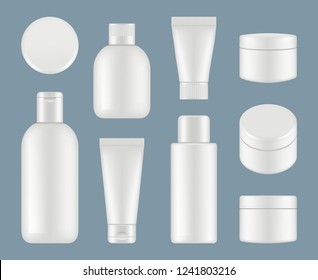 Cosmetic tubes. Makeup plastic packages and round containers white vector mockup