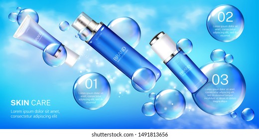Cosmetic tubes mock up banner, skin care steps routine, beauty cosmetics product bottles on blue background with flying air bubbles. Lotion, cream, gel package design Realistic 3d vector illustration
