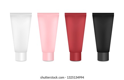 Cosmetic tubes mockup. Tubes of different colors, ready for your design. Tube for cream, scrub, lotion or body milk. Product packaging.