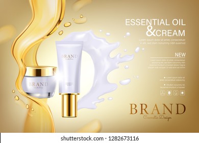 cosmetic tubes with oil and white cream flowing, vector 3d illustration. 