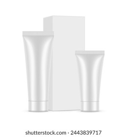 Tubos Cosméticos, Caja De Embalaje, Vista Frontal Y Lateral, Aislado Sobre Fondo Blanco. Ilustración vectorial
