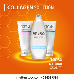 Cosmetic tubes. Realistic vector illustration. Collagen solution