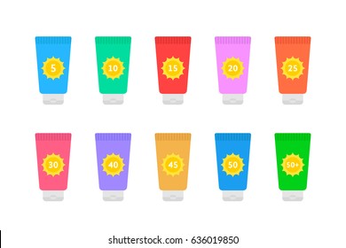 cosmetic tubes of sunscreen with different spf factor. set of simple flat style trend modern graphic art design isolated on white background