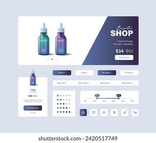 
Cosmetic user interface, experience. Aesthetic shopping app UI design in blue and purple tones, 3d illustration