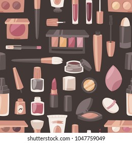 Cosmetic vector beauty make up cosmetology for beautiful woman with makeup foundation powder or eyeshadow illustration set of cosmetician accessories seamless pattern background