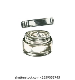 Cosmetic vector element with gel in a glass jar with an open lid on a white background. Black and white hand-drawn drawing for beauty and self-care.