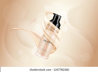 Cosmetic vector foundation premium product advertisment, ads for promotion. Make-up in bottle with its texture flowing on a soft beige background.